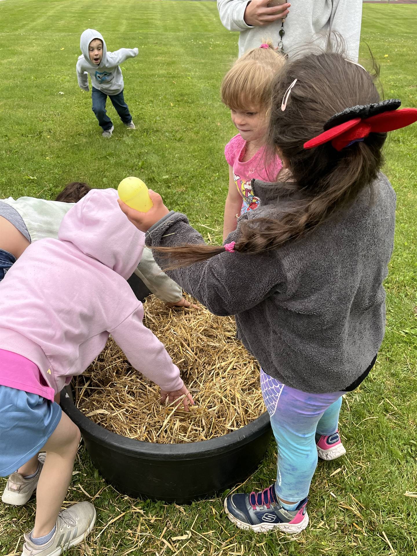 students digging for eggs found in a tub of straw.