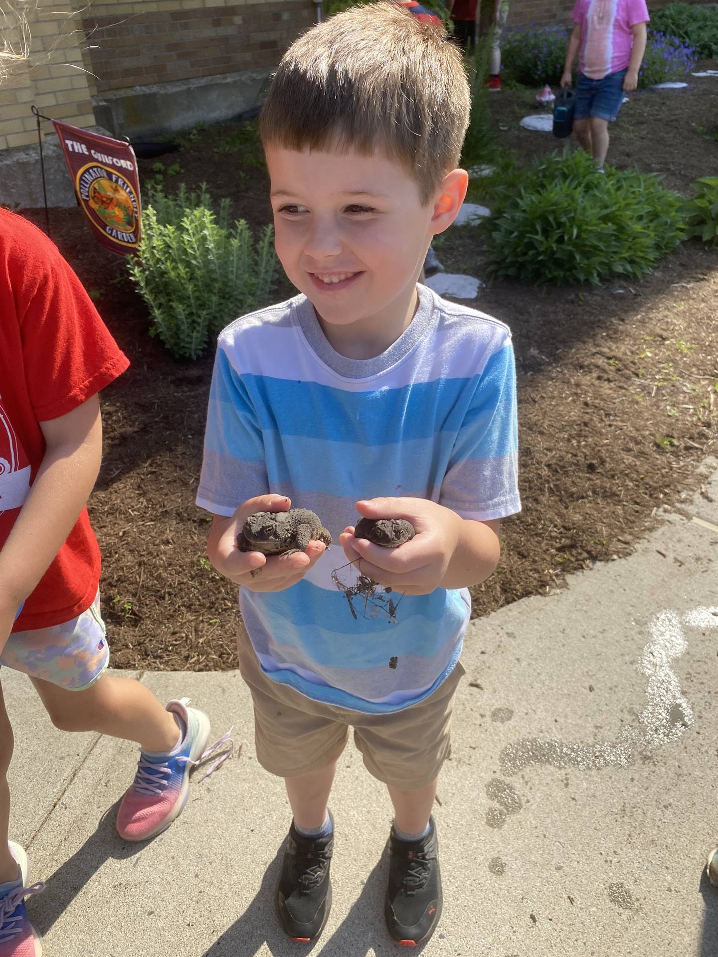 student holding up 2 toads