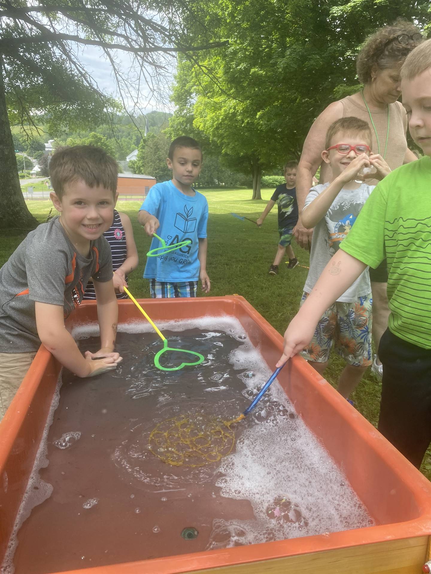 students at bubble table