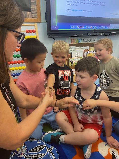 teacher with praying mantis on fingers and students watching