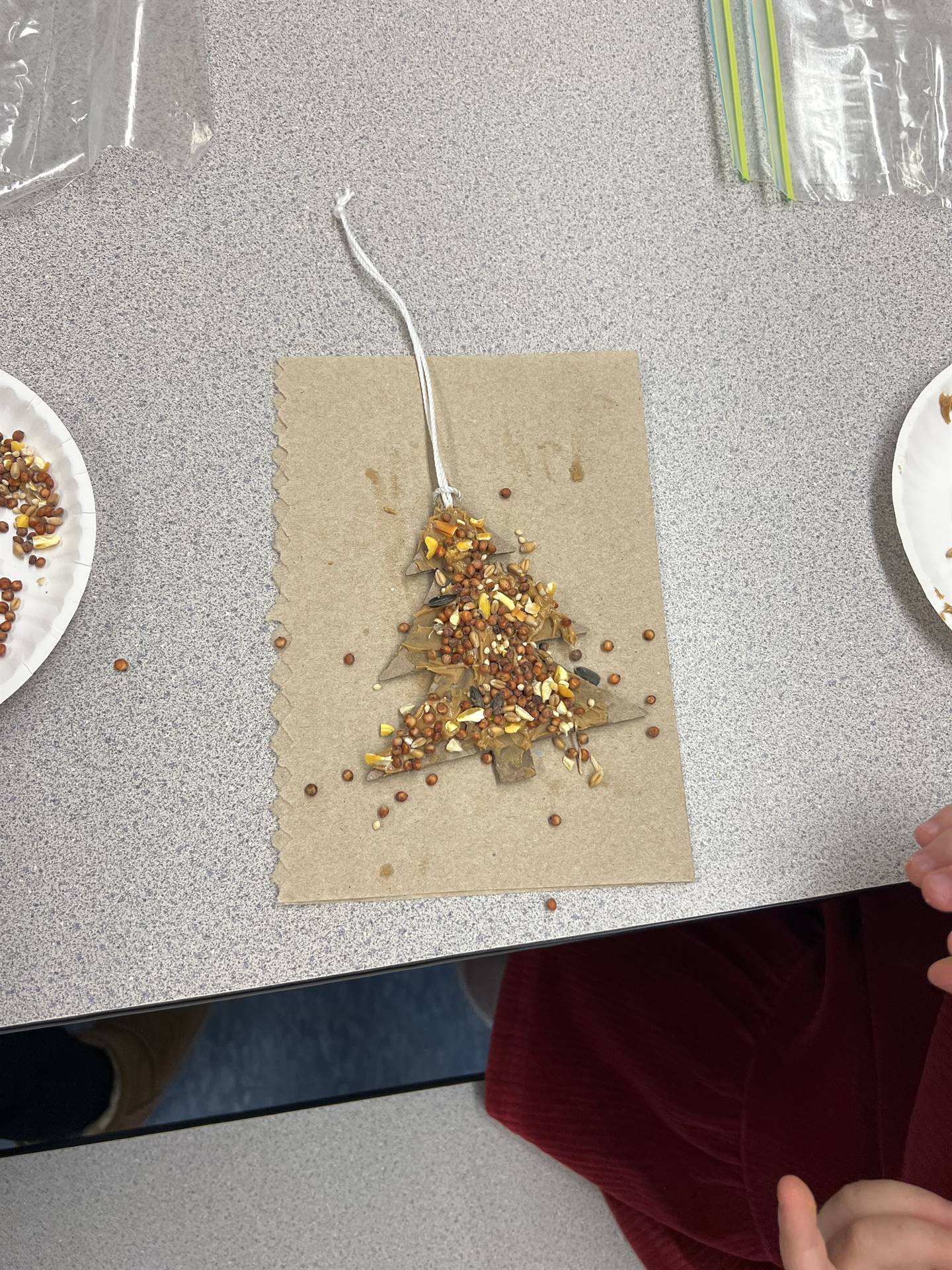 A completed shape smeared in peanut butter with bird seed on top.